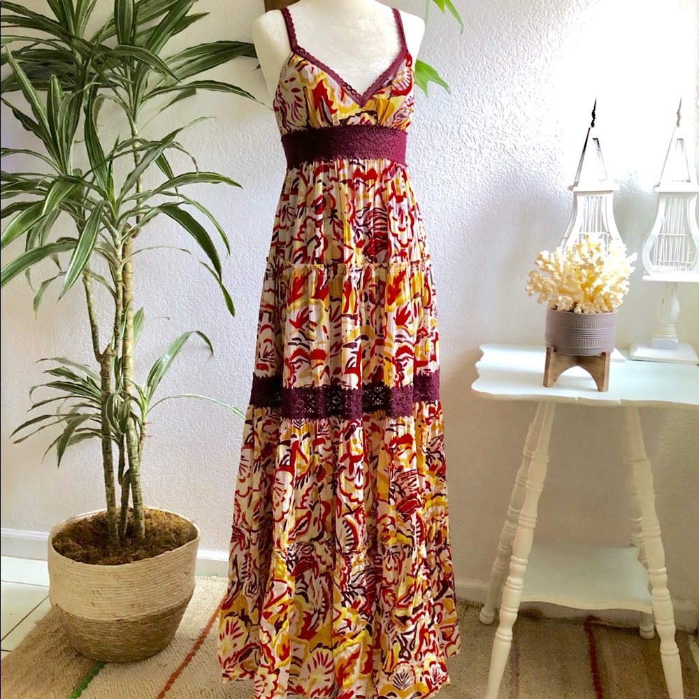BCBGMaxAzria Multicolor Floral Maxi Dress with Burgundy Trim